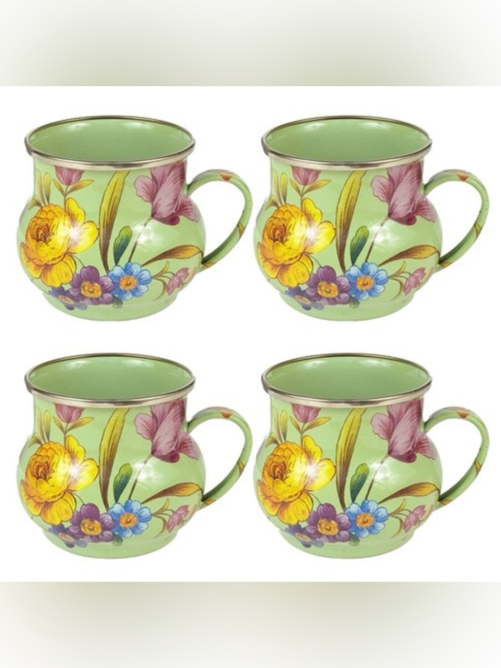 Mackenzie Childs Flower Market Sage Green Mugs Coffee Cups FULL SET OF 4